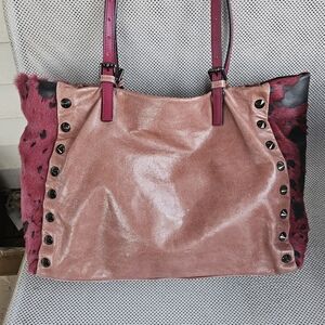 Nicoli Burgundy Genuine Leather Tote Purse With Stud & Fur Detail Made In Italy
